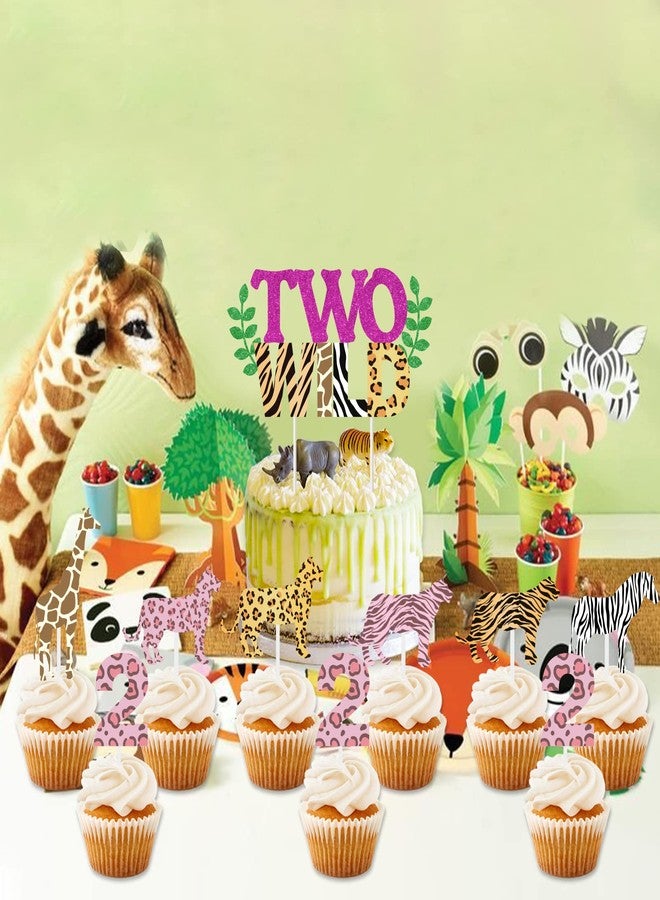 Funmemoir Two Wild Birthday Decorations for Girl - Two Wild Cake Topper, Animal Print Cupcake Toppers, 31 Pcs Jungle Safari Animal 2nd Birthday Party Cake Decorations - Image 3